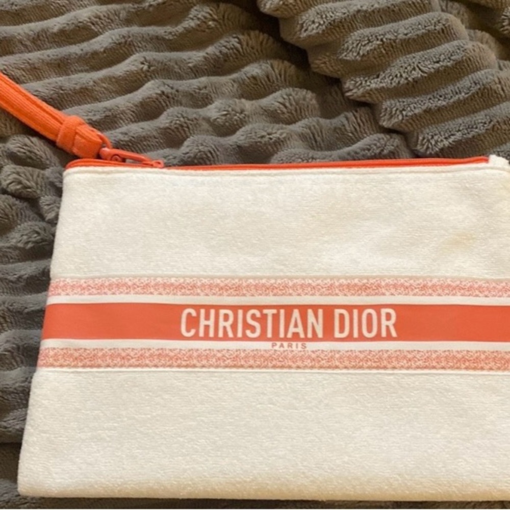 DIOR TROUSSE TERRY CLOTH POUCH/ Orange and White. Brand New with the box.